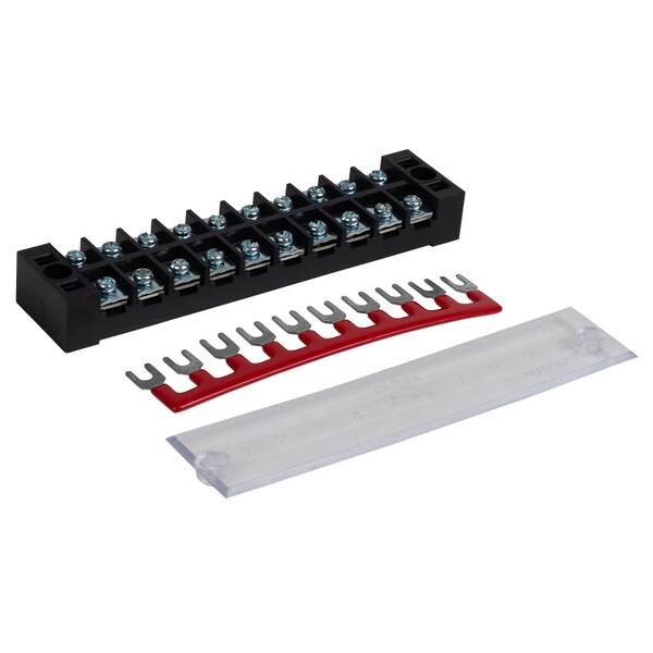 Main product image for 35A Barrier Terminal Block 10 Position Dual Row Screws 12 Pitch with Cover and Red Jumper090-816